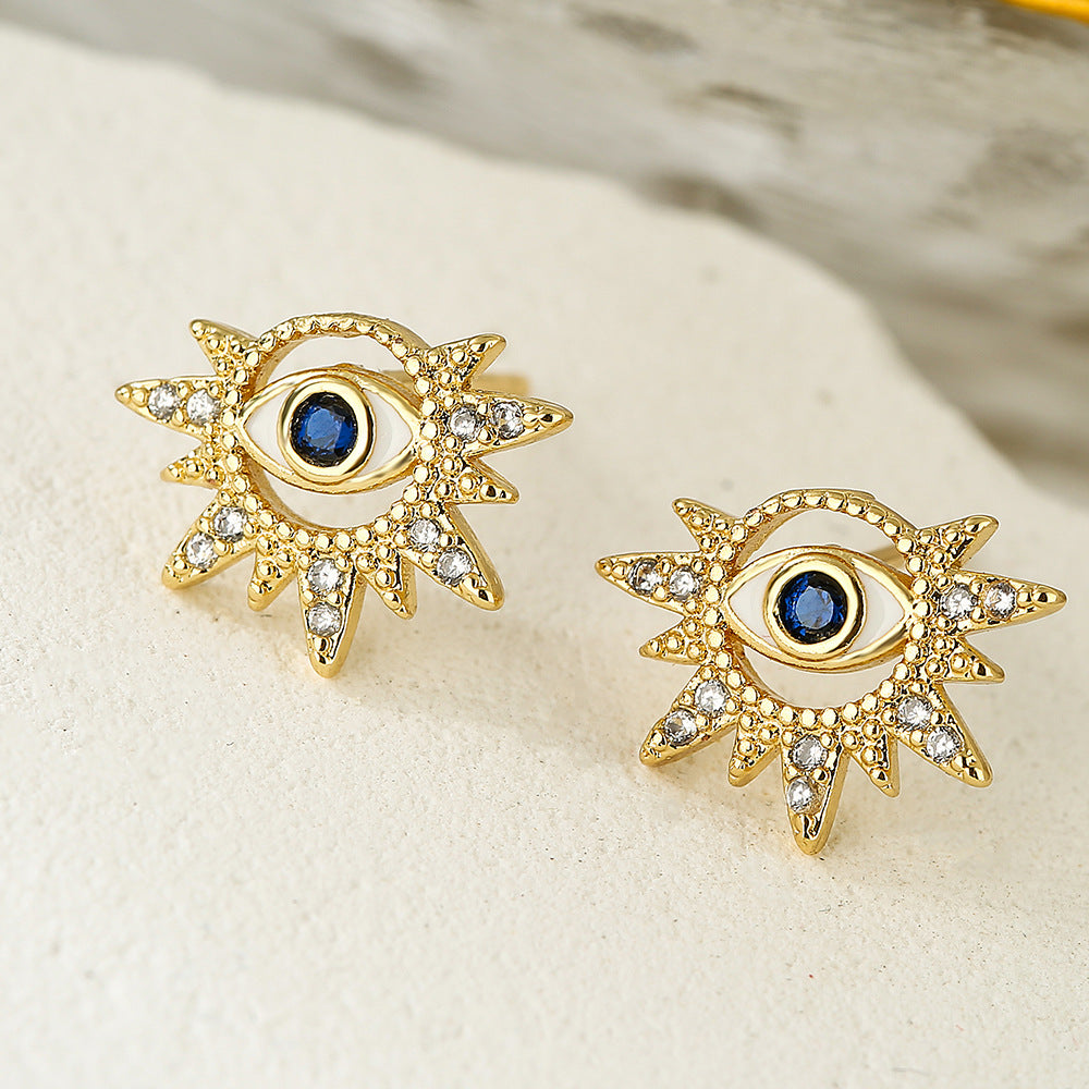 Geometric Demon Eye Earrings for Women with Copper Base Plated in 18K Gold and Enamel Finish, Micro-Paved Zirconia
