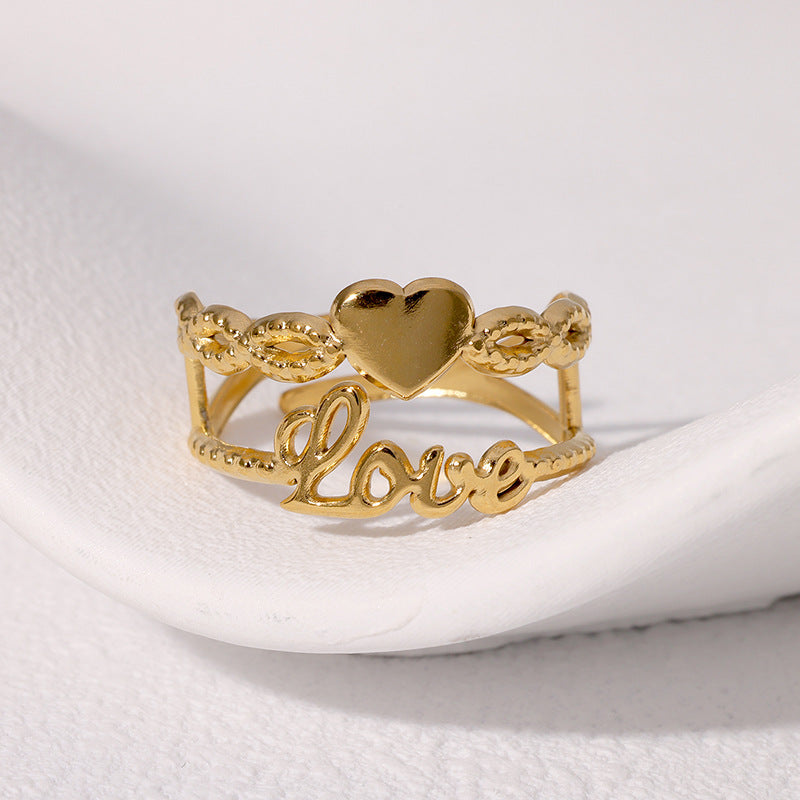 Cute Heart-Shaped Stainless Steel Open Ring with Plated Finish for Women