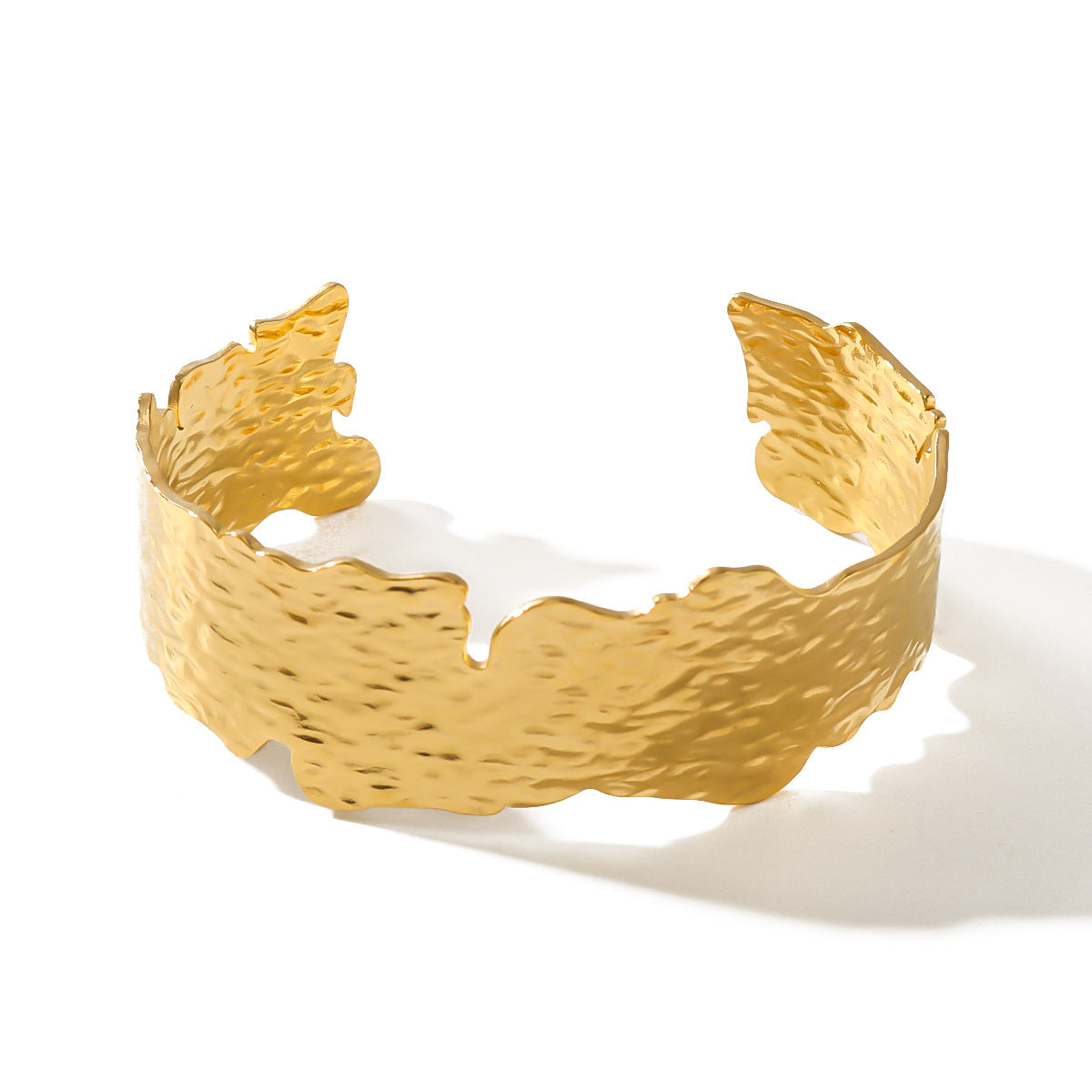Vintage-Inspired Titanium Steel Bracelet with 18K Gold Plating, Irregular Open Design, Leaf Texture, and Geometric Shape
