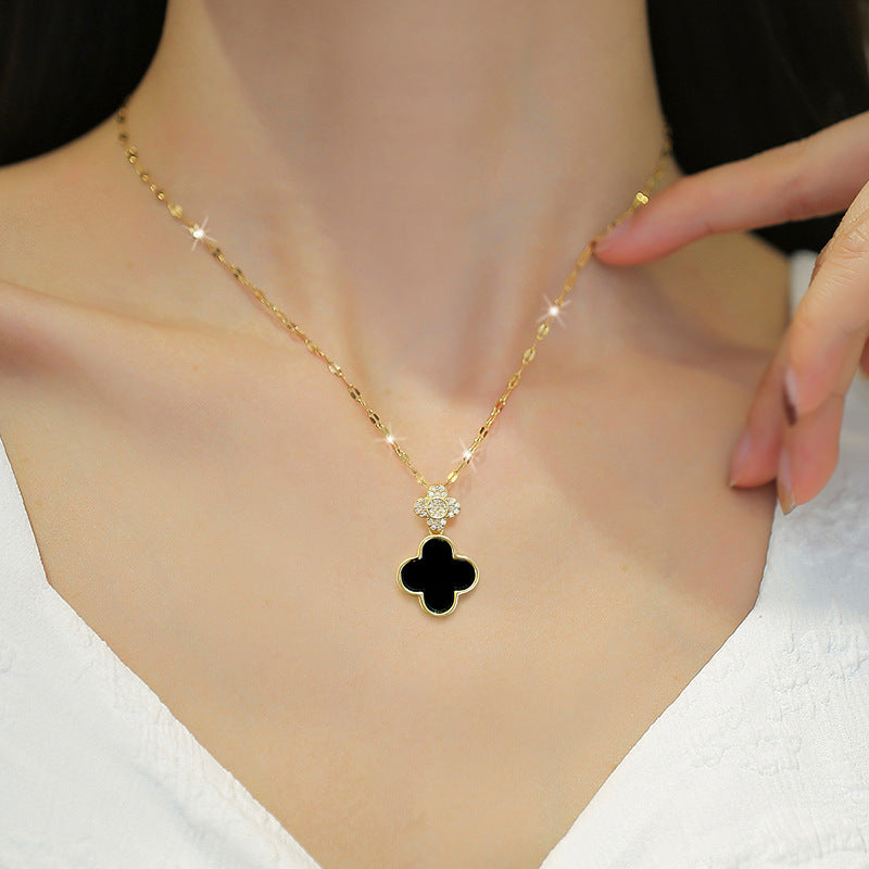 Minimalist Geometric Seashell and Four-Leaf Clover Pendant Necklace in Titanium Steel with Stainless Steel Chain for Women and Men