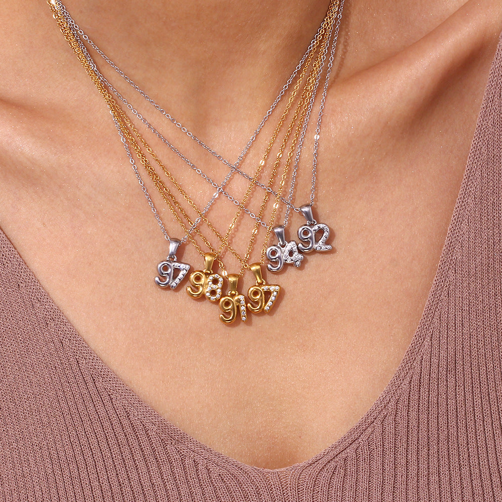 Minimalist Fashion Necklace for Women with Stainless Steel Chain, 18K Gold Plated Titanium Steel Pendant, Micro-Paved Rhinestone Accent, 3D Numeric Year Design