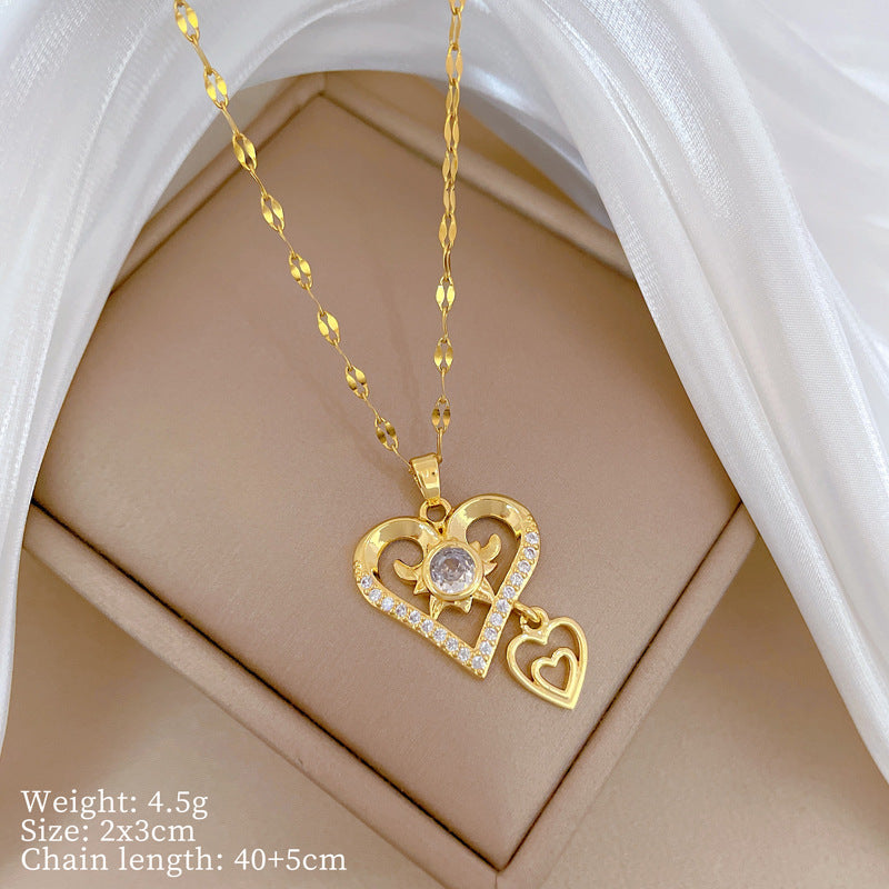 Sweet Elegant Double Layer Heart Geometric Cubic Zirconia Plated Titanium Steel Necklace for Unisex