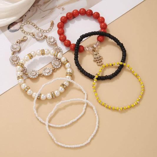 Bohemian Geometric Turquoise Rhinestone Wood Pearl Beaded Bracelet for Women