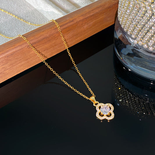 Sweet Minimalist Hollow Four-Leaf Clover Cubic Zirconia Plated Titanium Steel Necklace for Women