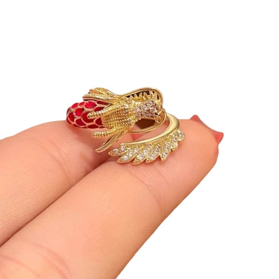 Original Design Dragon Shape Copper Ring with 18K Gold Plating for Women and Men, Red Oxidized Luxury Adjustable Band