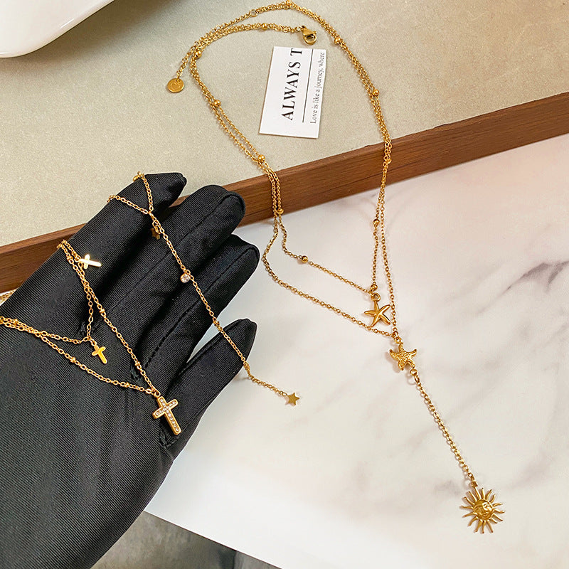 Vintage Star Moon Titanium Steel Plated Layered Tassel Necklace for Unisex