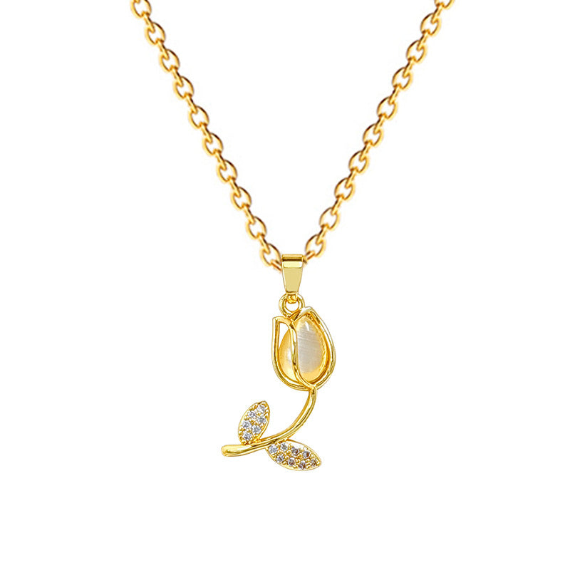 Cartoon Style Tulip-Shaped Stainless Steel Necklace for Women with Cat's Eye Inlay and Starry Accent, Delicate Clavicle Chain