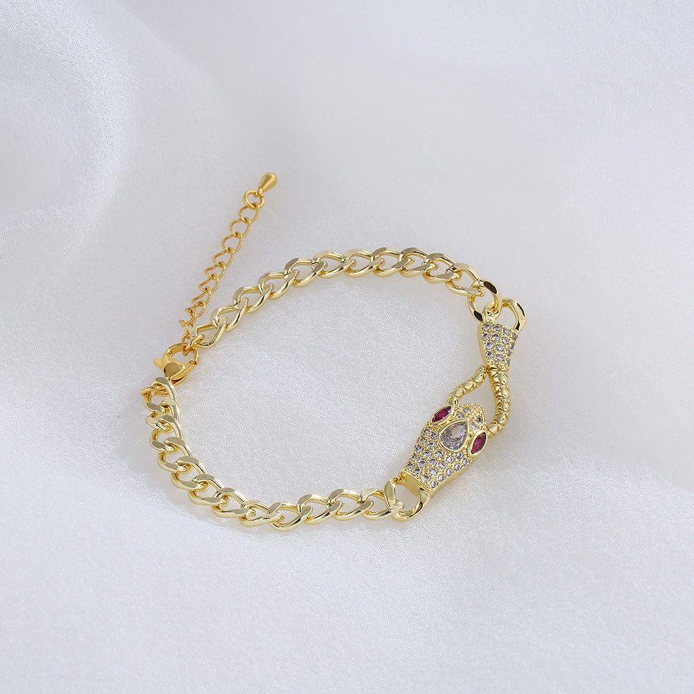 INS Style Geometric Snake Shape Copper Bracelet with 18K Gold Plating and Zircon for Women