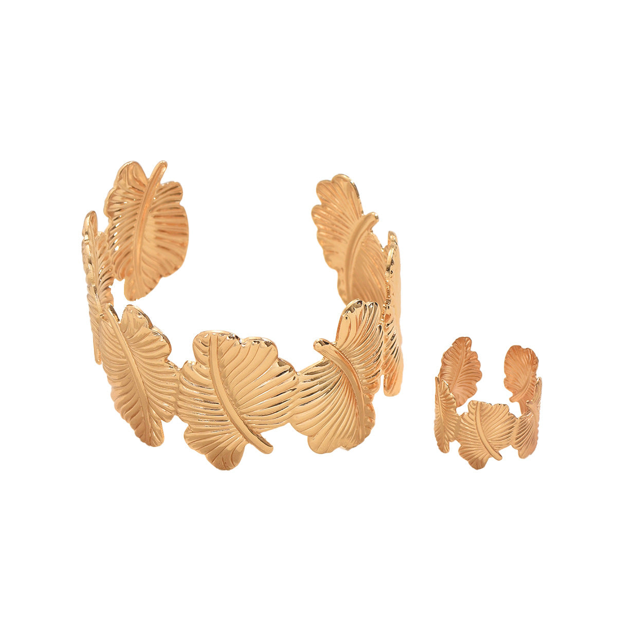 Set bracciale e anello da donna in lega a foglia stile OL alla moda con finitura placcata