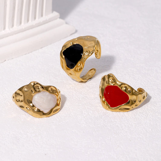 Anello da donna regolabile in acciaio inossidabile con placcatura in oro e finitura a smalto, dal design geometrico e minimalista