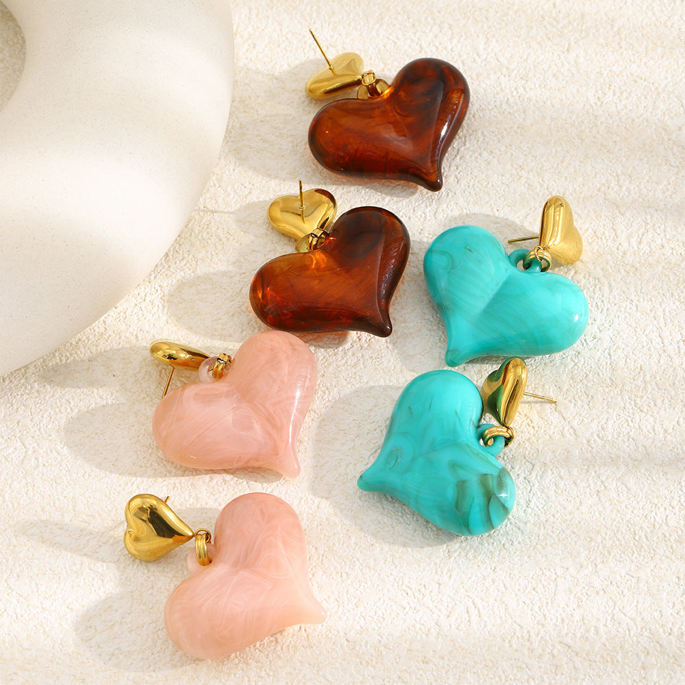 Vintage 18K Gold Plated Stainless Steel and Acrylic Heart Earrings