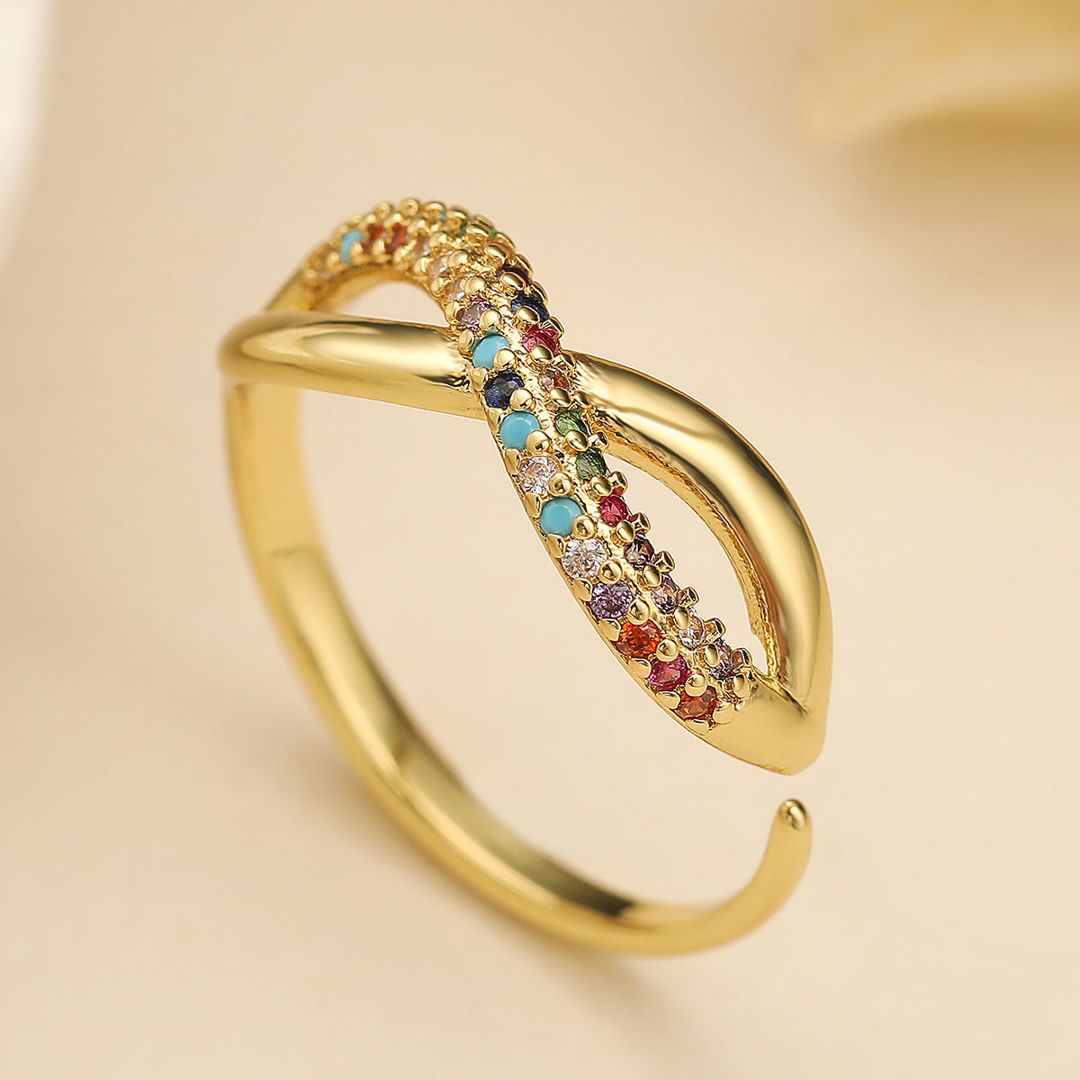 Minimalist Geometric Open Ring for Women Made of Brass with 18K Gold Plating and Multicolor Zircon Inlay