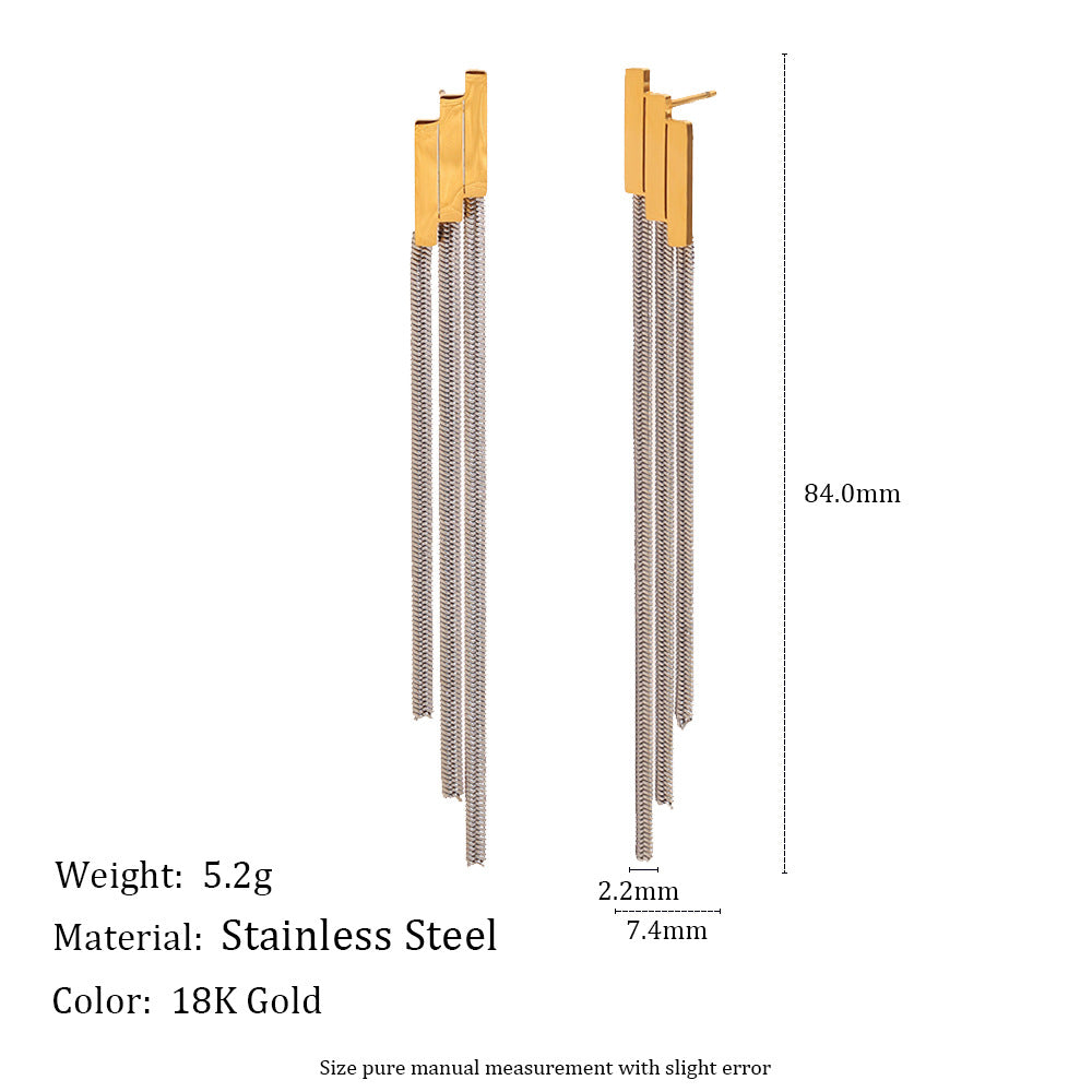 Elegant Minimalist Geometric Stainless Steel Earrings with 18K Gold Plating and Tiered Fringe Chain Design