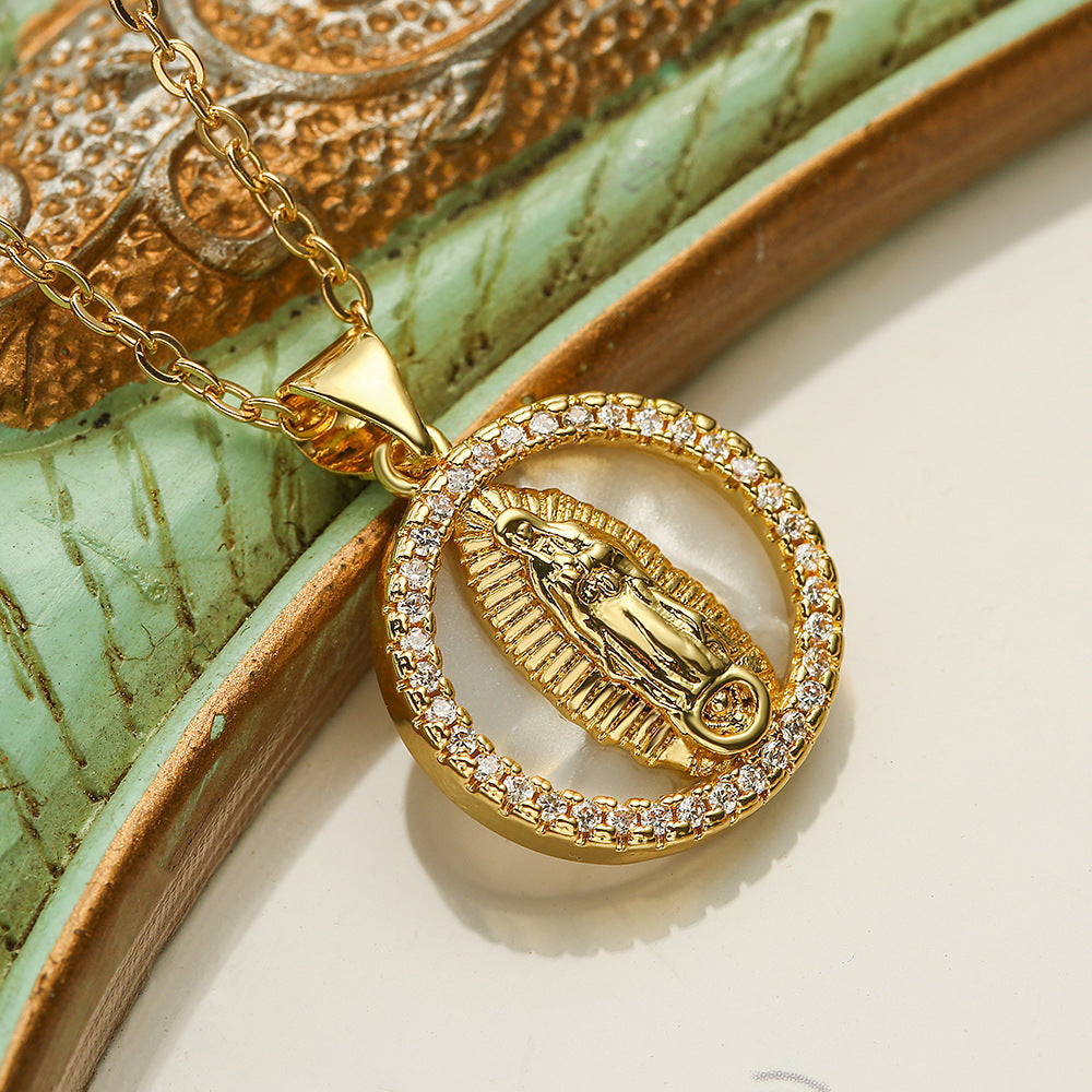 Geometric Saint Mary Pendant Necklace for Women with Copper Base Plated in Real Gold Inlaid with Zircon and Pearl Accents