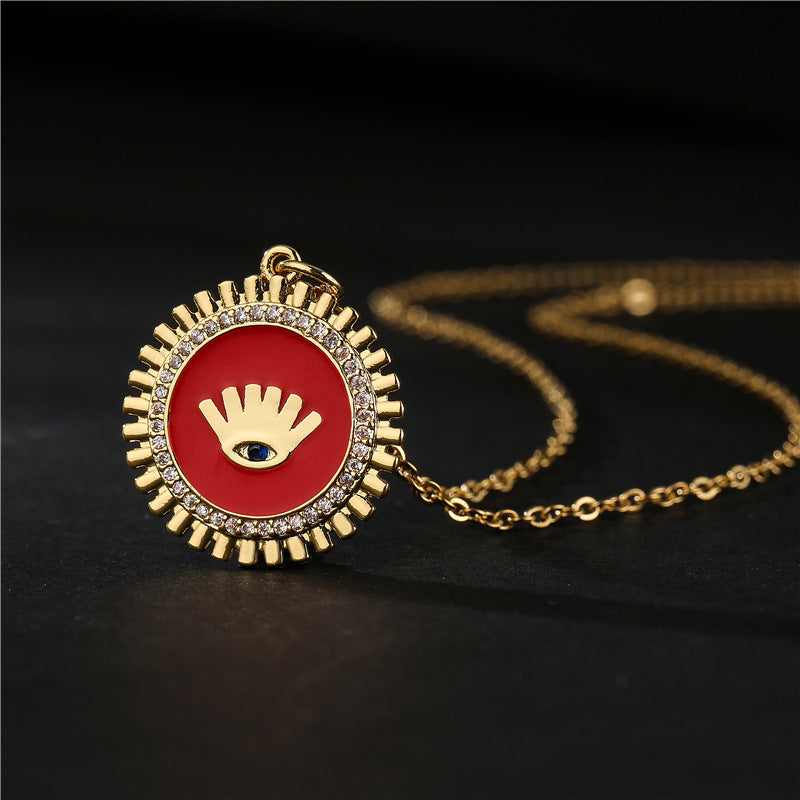 Gold Plated Brass Geometric Eye Pendant Necklace with Black White Red Drip Oil and Cubic Zirconia Inlay for Women
