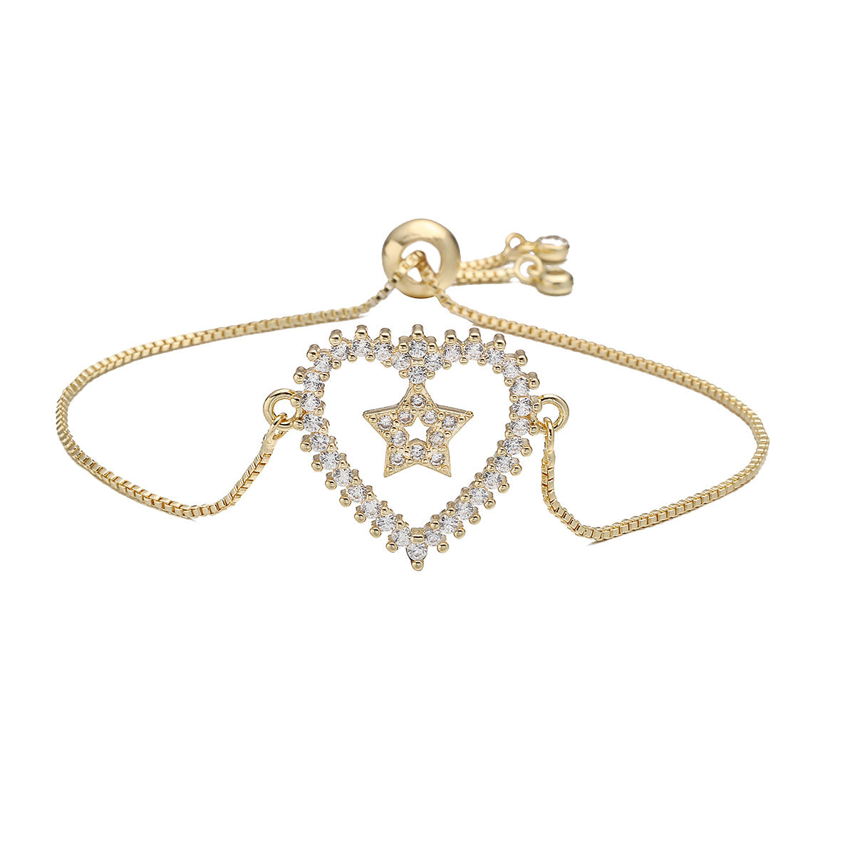 Minimalist Luxury 18K Gold Plated Brass Heart Star Moon Geometric Bracelet with Cubic Zirconia for Women
