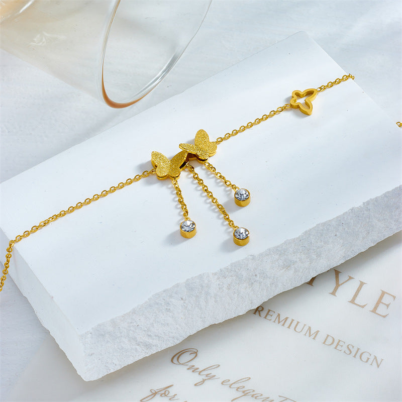 Minimalist Vintage Butterfly-Shaped Stainless Steel Anklet with Matte Finish, Hollow-Out Design and Rhinestone Accents