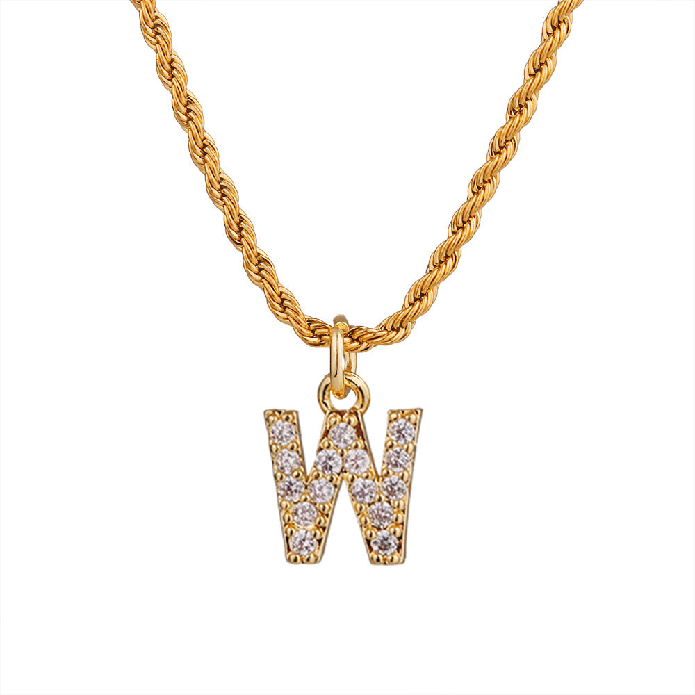 Collar con colgante de letra para mujer, minimalista, de moda, cadena trenzada de acero inoxidable con baño de oro e incrustaciones de circonita