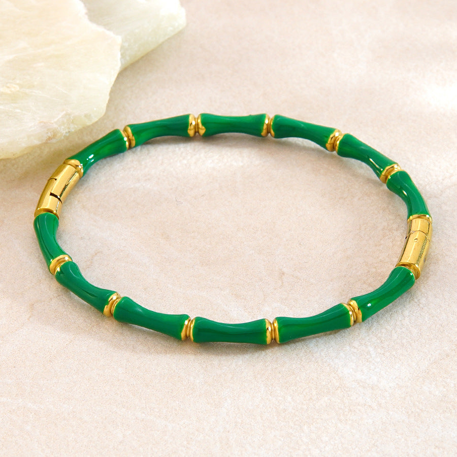 Pulsera de acero inoxidable chapado en oro de 18 quilates con bambú, estilo casual de moda