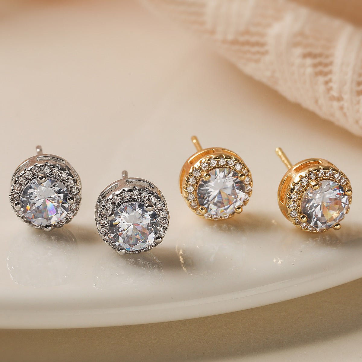 Minimalist Luxe Copper Earrings with 18K Gold Plating and Round Zirconia Accents for Women