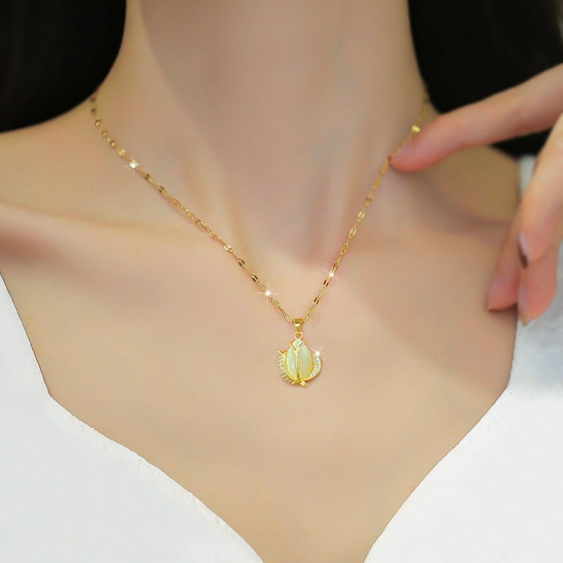 Cartoon Style Tulip-Shaped Titanium Steel Necklace with Genuine Gold Inlay for Women