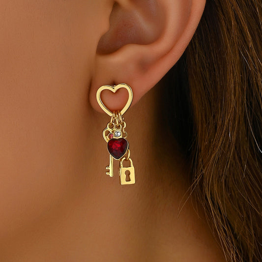 Pendientes de aleación con forma de corazón, diseño minimalista francés, con incrustaciones de diamantes de imitación para mujer
