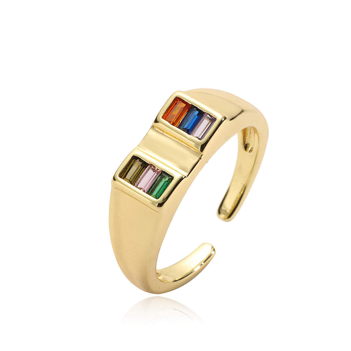 Anello Aperto Geometrico Minimalista da Donna in Ottone con Placcatura in Oro 18K e Intarsio di Zirconi