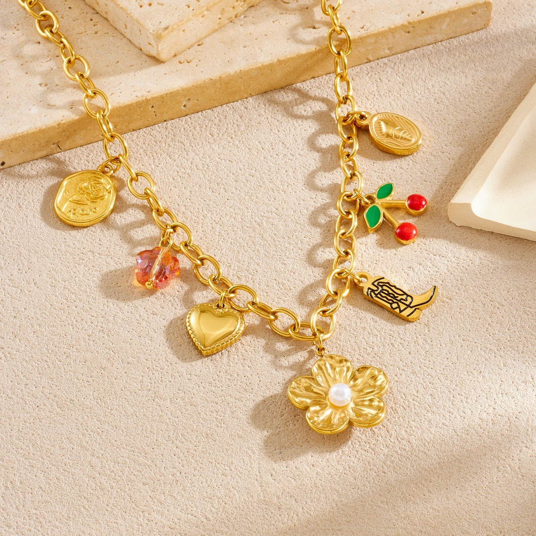 Sweet Gold Plated Drip Oil Cherry Flower Pearl Stainless Steel Necklace for Women