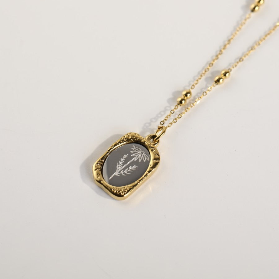 Vintage French Rose Flower Pendant Necklace 18K Gold Plated Titanium Steel Double Layer Beaded Chain