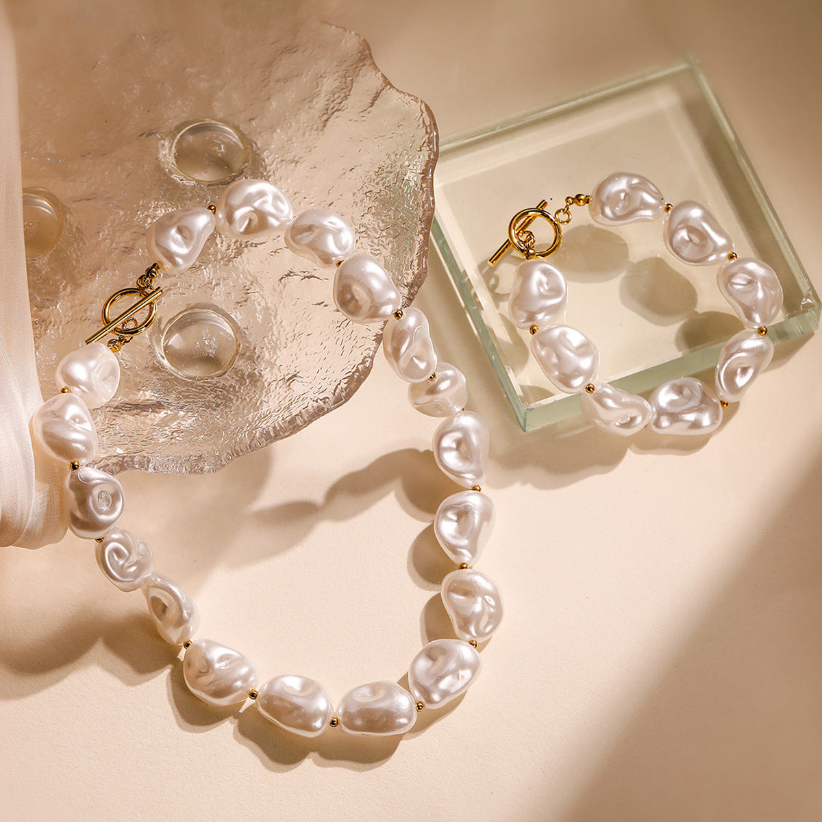 Elegant 18K Gold Plated Stainless Steel Heart Pearl Necklace and Bracelet Set for Women