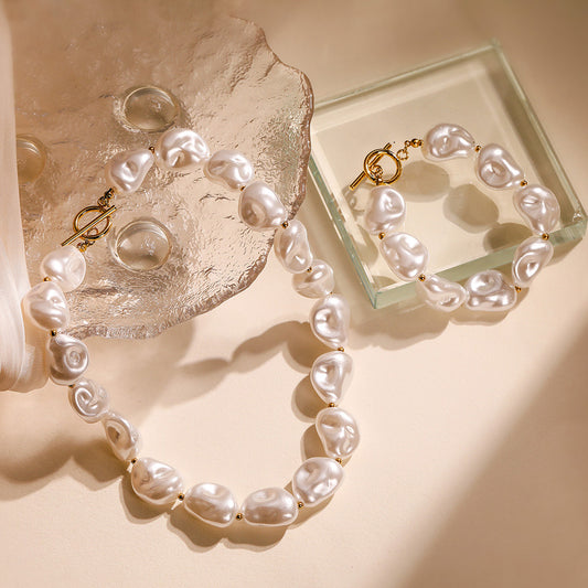 Elegant 18K Gold Plated Stainless Steel Heart Pearl Necklace and Bracelet Set for Women