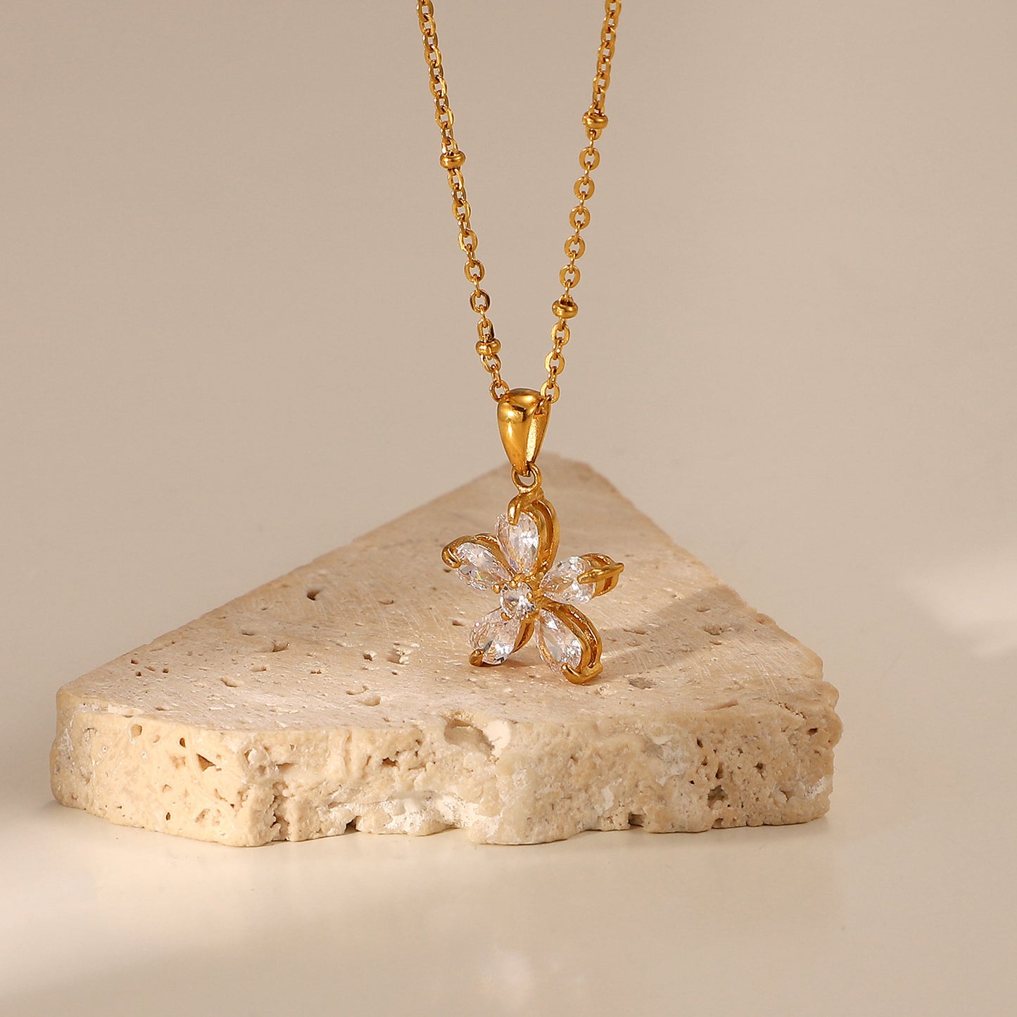18K Gold Plated Stainless Steel Flower Necklace with 16mm White Cubic Zirconia Pendant on Ball Chain for Women