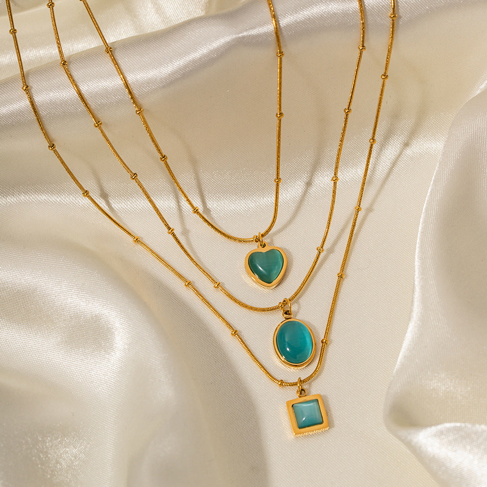 Collana pendente quadrata minimalista in acciaio inossidabile con pietra occhio di gatto blu, finitura galvanizzata per donna