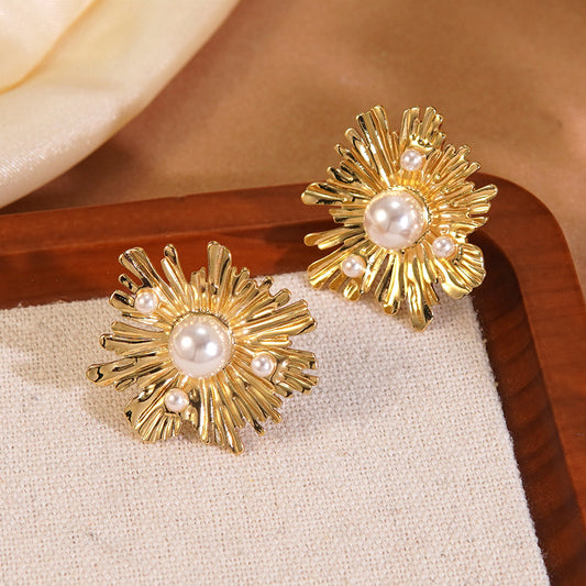 Vintage Elegant Floral Stamping Stainless Steel Pearl Earrings