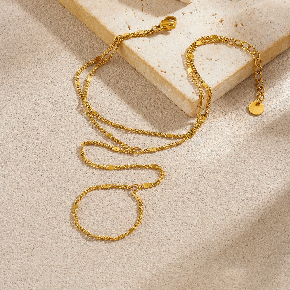 Minimalist Sweet Gold Plated Stainless Steel Double Layer Cable Chain Ring Bracelet Combo for Women