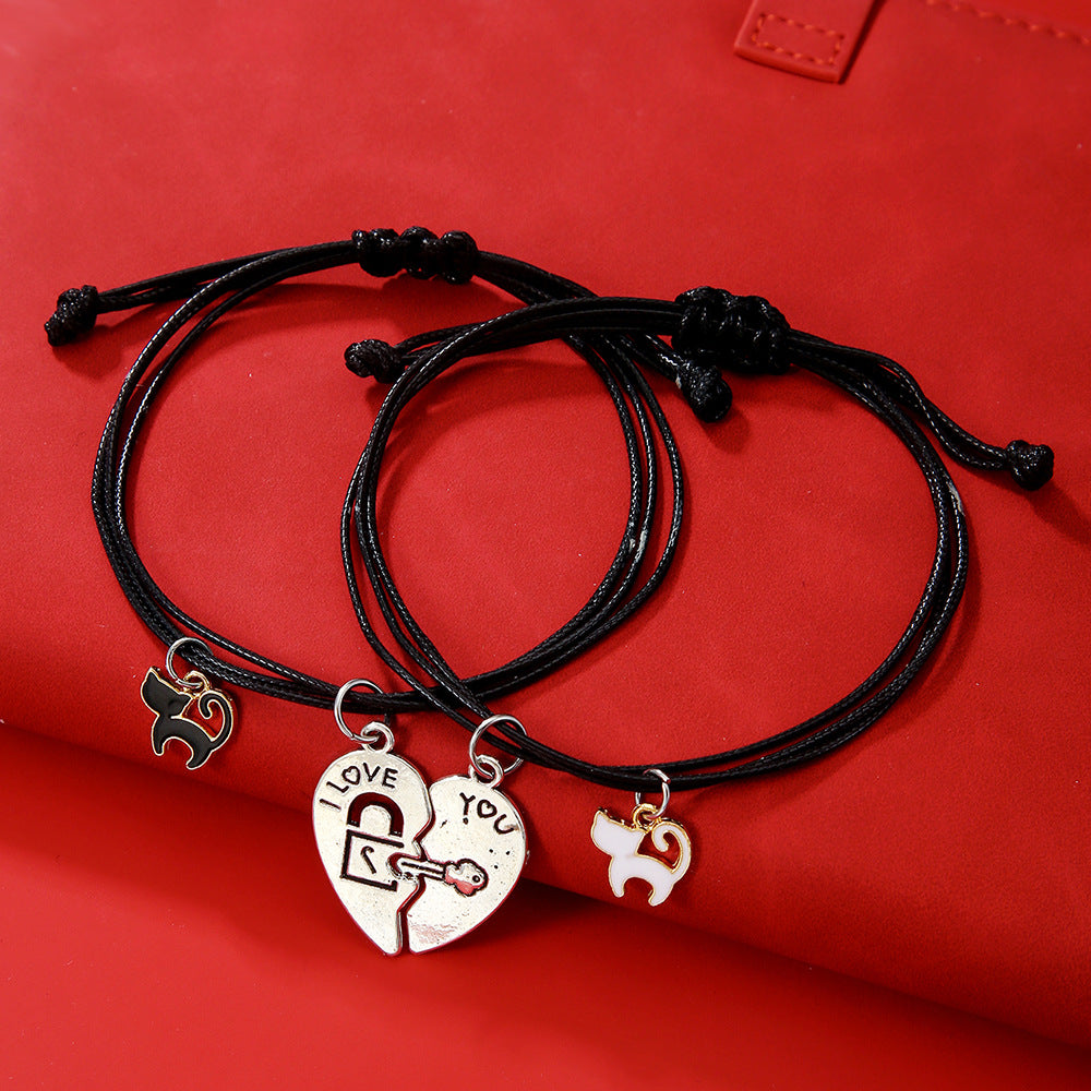 Ethnic Style Geometric Alloy Bracelet Set for Couples and Friends Handmade with Heart Cross and Crown Charms