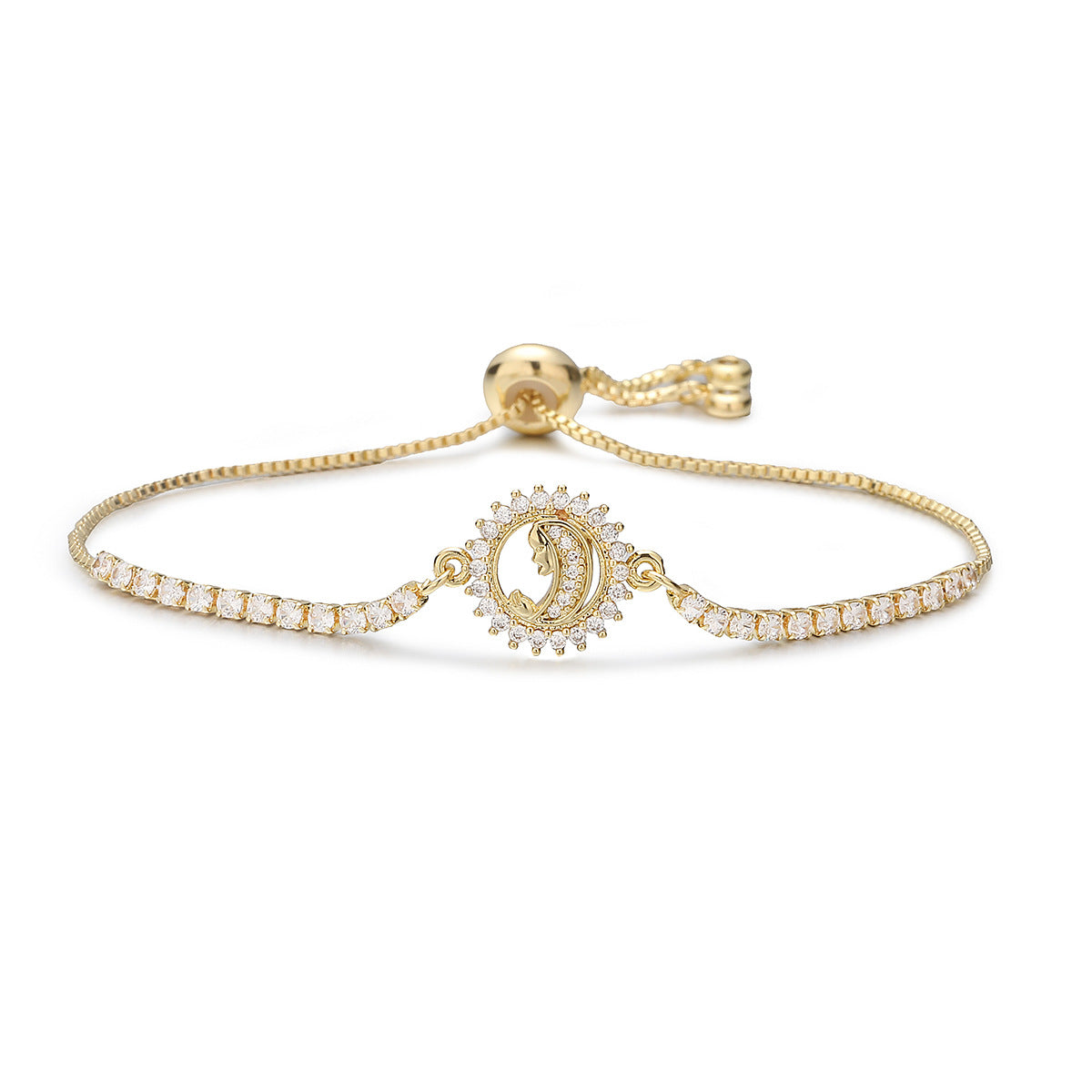 Elegant 18K Gold Plated Brass Geometric Bracelet with Cubic Zirconia Virgin Mary Charm Adjustable Drawstring for Women