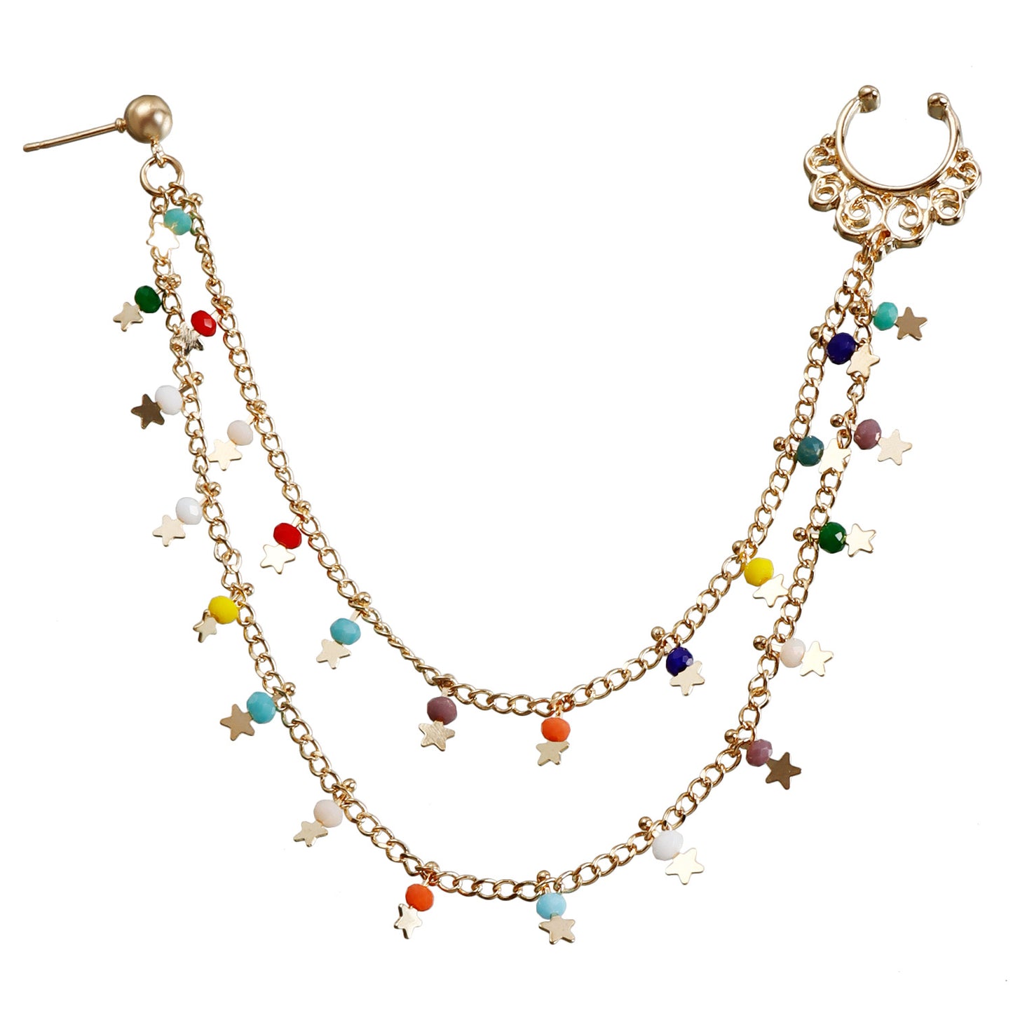 Ethnic Sweet Streetwear Star Geometric Crystal Plated Alloy Nose Ring with Tassel for Unisex