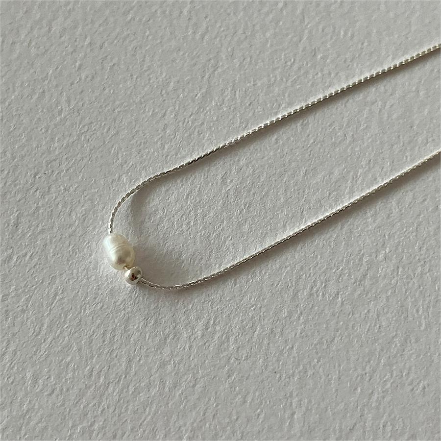 Minimalist Geometric Pearl Necklace in 925 Sterling Silver with Rhodium Plating on Snake Chain