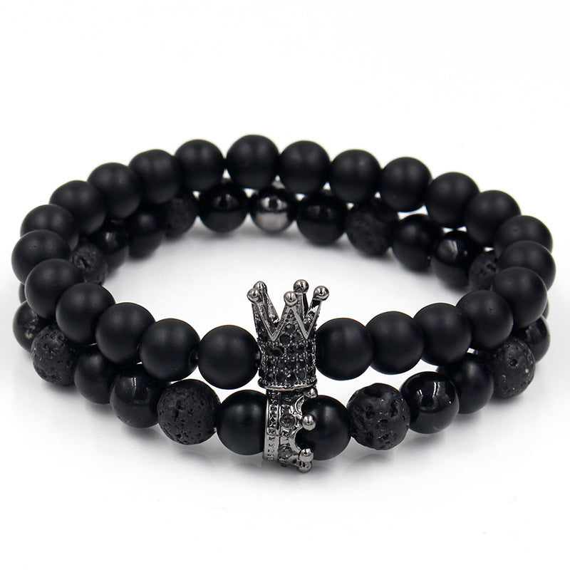 Punk Micro-pavé Cubic Zirconia Skull and Volcanic Stone Bead Bracelet for Unisex