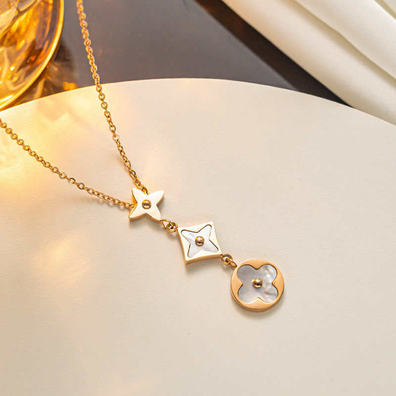 Minimalist Clover-Shaped Titanium Steel Bracelet Set with Gold Inlay for Women, O-Chain Design, Lightweight and Fade-Resistant