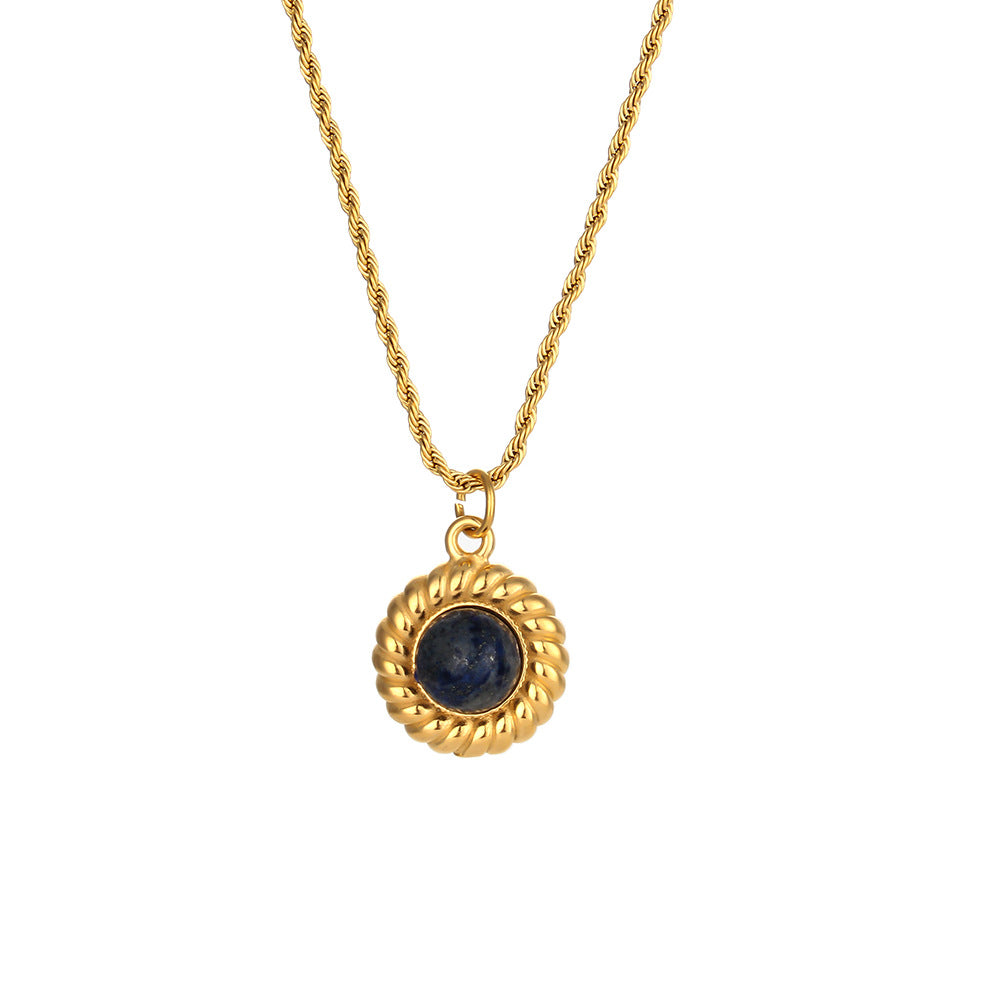 Collana con Pendente Vintage di Agata Geometrica in Acciaio Inox, Placcatura in Oro 18K e Catena Ondulata
