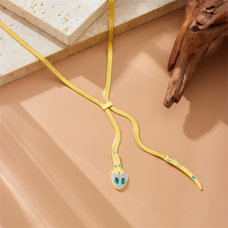 Punk Rhinestone Encrusted Snake Head & Tail Stainless Steel Gold Plated Snake Chain Necklace for Women