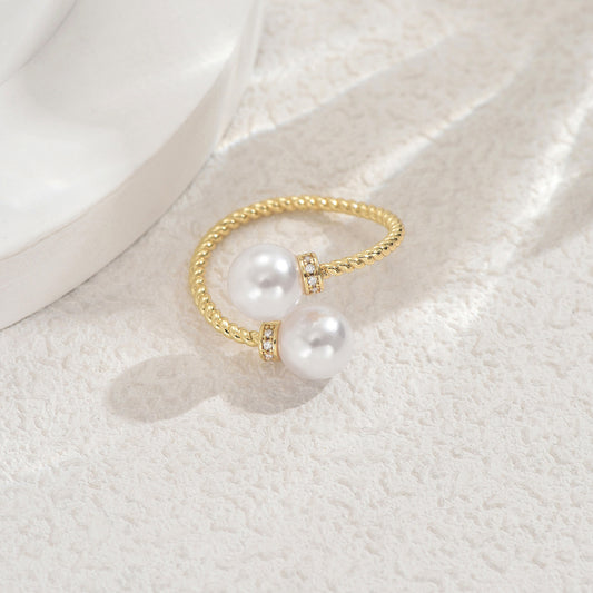 Minimalist Japanese Korean Style Geometric Thread Design Copper Ring with Zircon and Pearl Inlay for Women