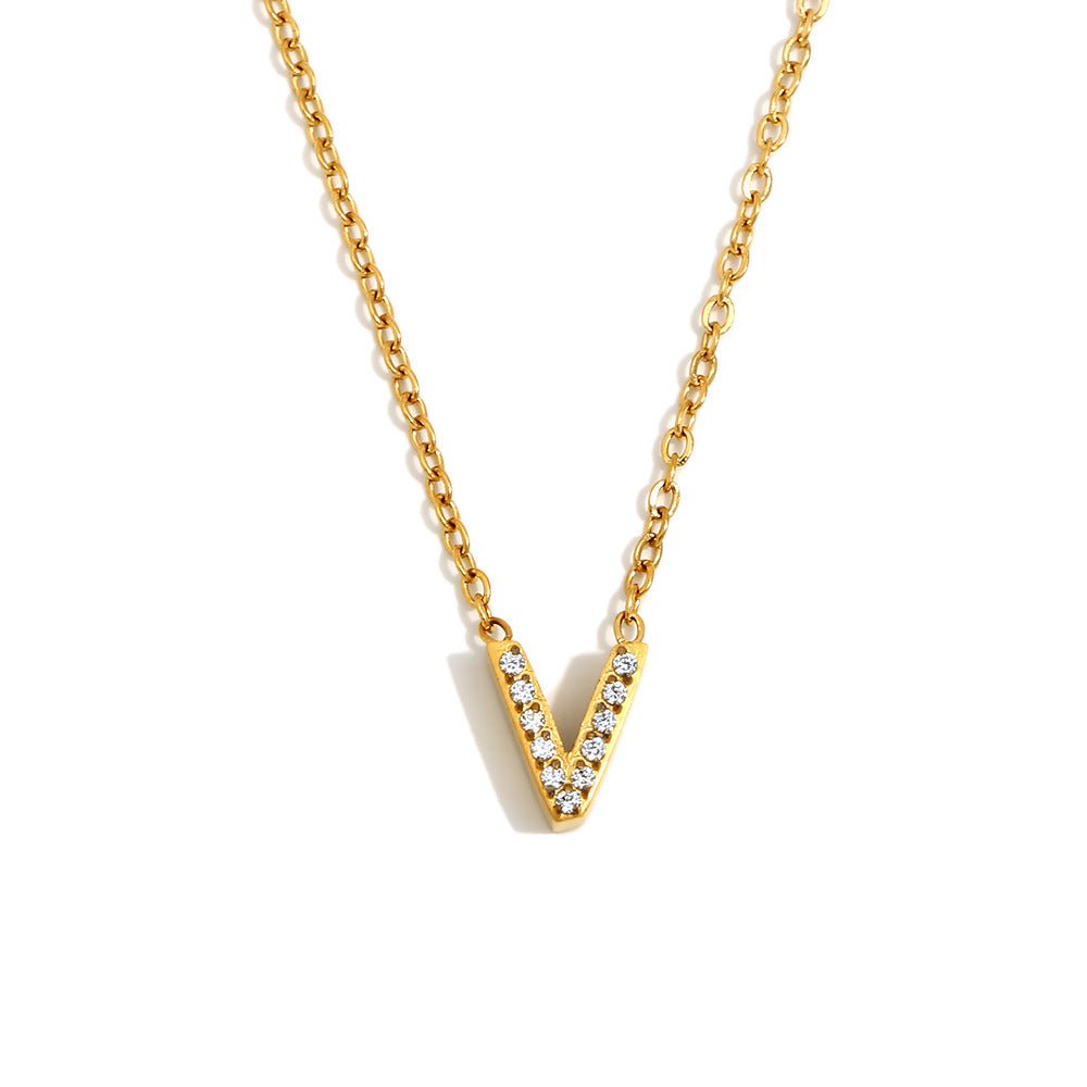 Minimalist Fashion Letter Pendant Necklace for Women Stainless Steel with 18K Gold Plating and Rhinestone Inlay
