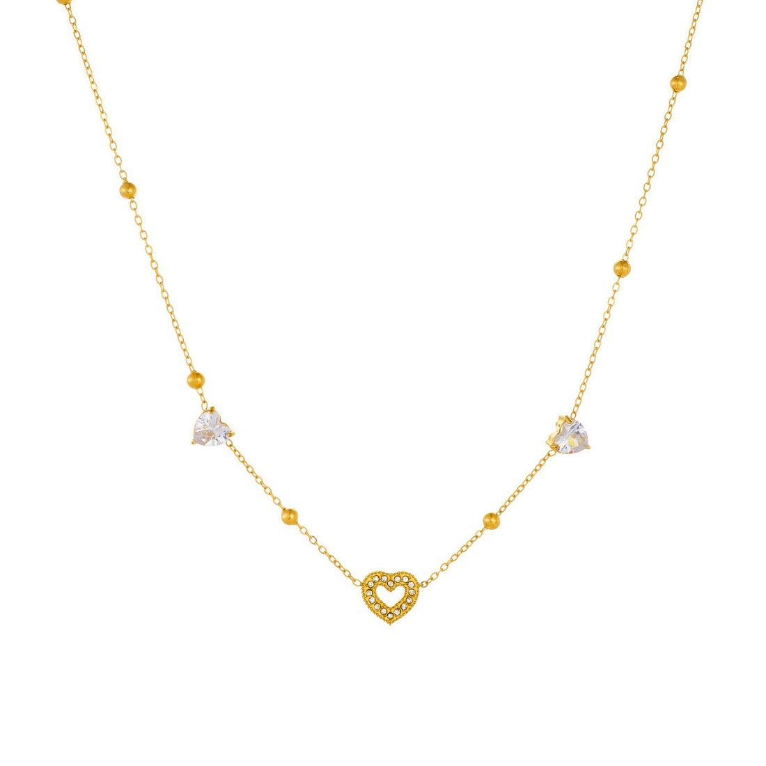 Casual Gold Plated Heart Rhinestone Inlay Stainless Steel Necklace for Women