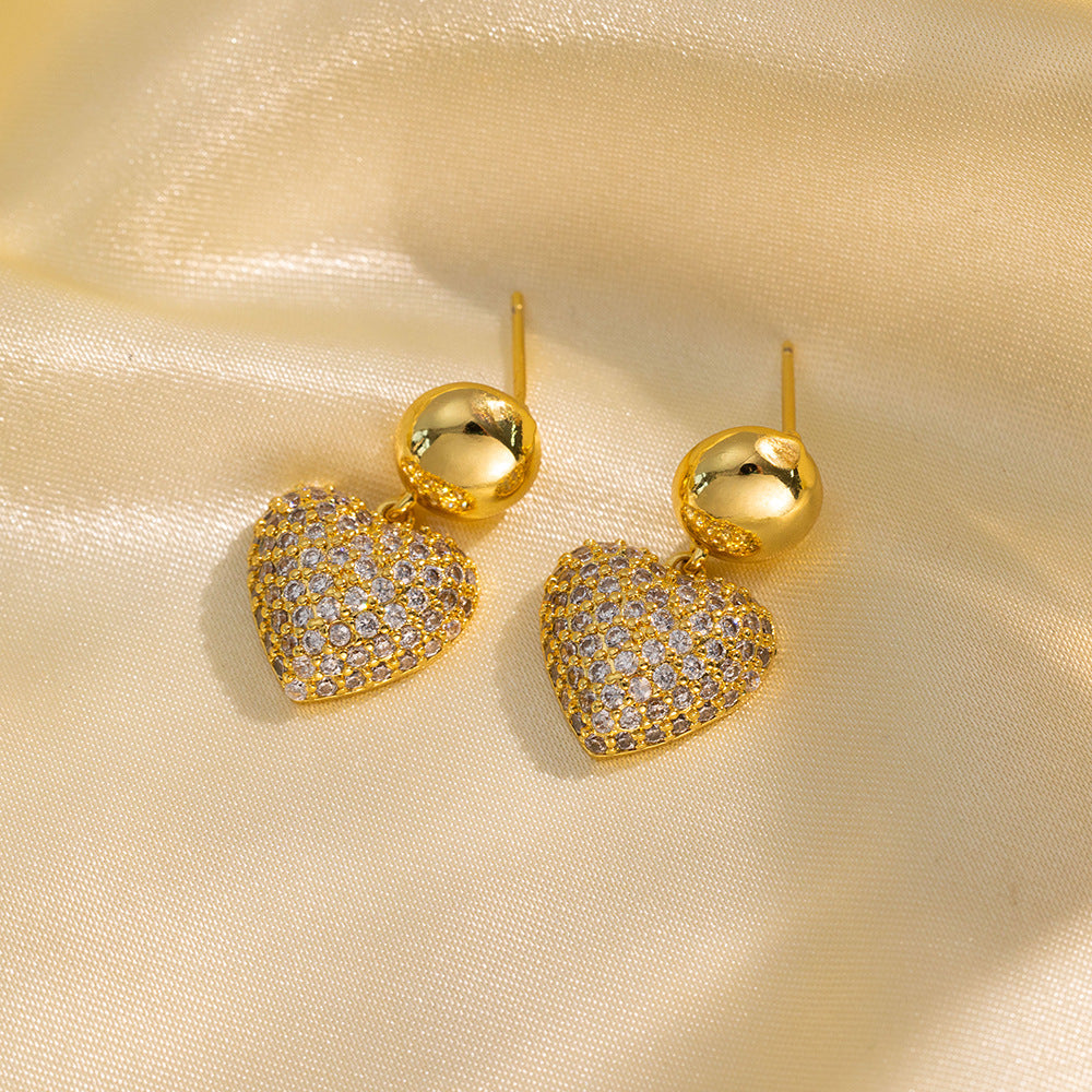 Minimalist Modern Heart-Shaped Copper Earrings with Zircon Inlay for Women