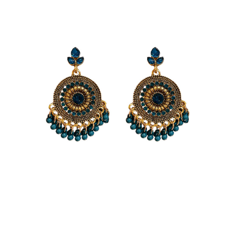Vintage Ethnic Floral Earrings with Rhinestone Inlay in Alloy and Steel Posts, Geometric and Teardrop-Shaped Dangle Earrings for Women
