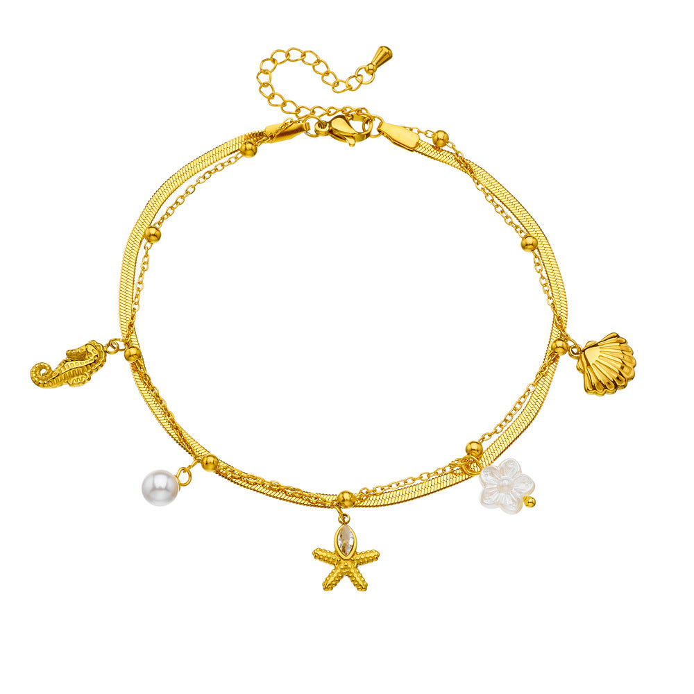 Minimalist Bohemian Gold Plated Stainless Steel Animal Starfish Shell Pendant Anklet for Women