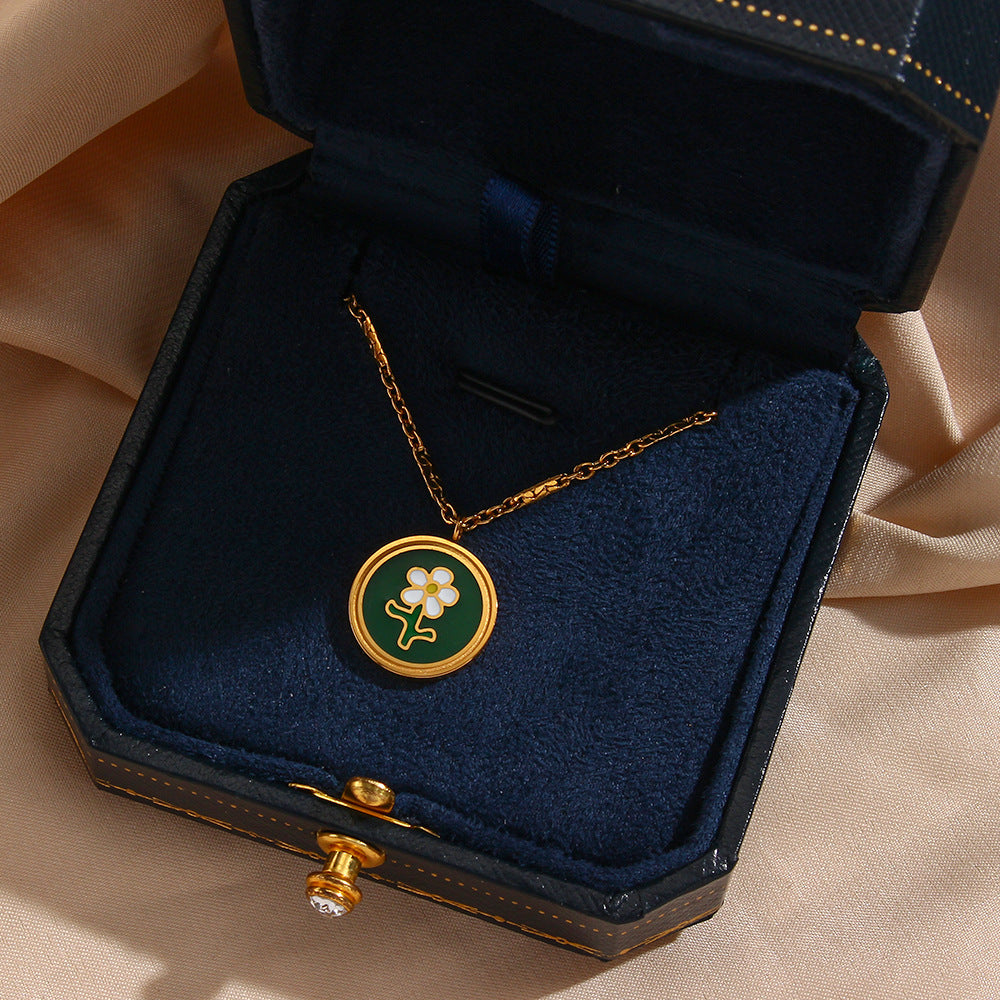 Collana con ciondolo a forma di fiore piccolo geometrico in smalto verde, stile Y2K alla moda, in acciaio inossidabile placcato oro 18K da donna